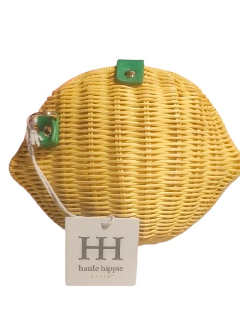 Woven Straw Lemon-Shaped Crossbody Bag with Green Trim - no strap
